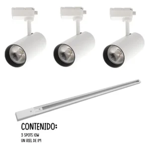 Lámparas Tipo Spot Con Riel De 1m X 3 Unid De 10w. Estructura Blanco (Luz cálida)